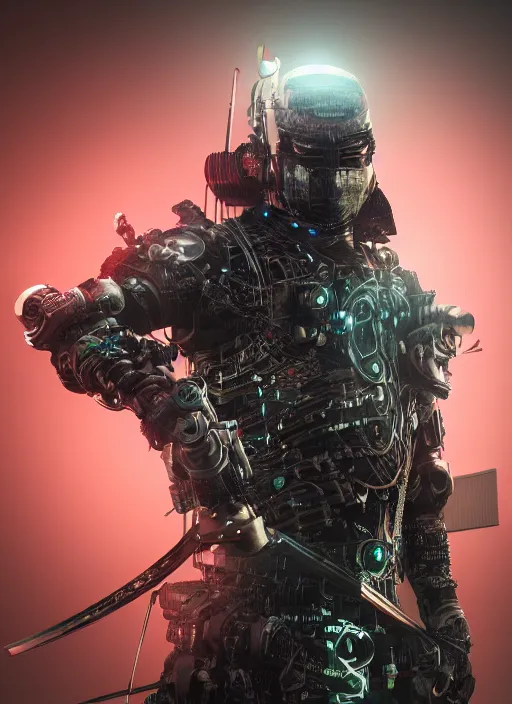 Image similar to ultra realistic and intricate detailed photograph of a cyborg samurai, ninja, katana, war background, neon, cyberpunk, technology, innovation, bright modern style, artstation, unreal render, depth of field, ambient lighting, award winning, stunning