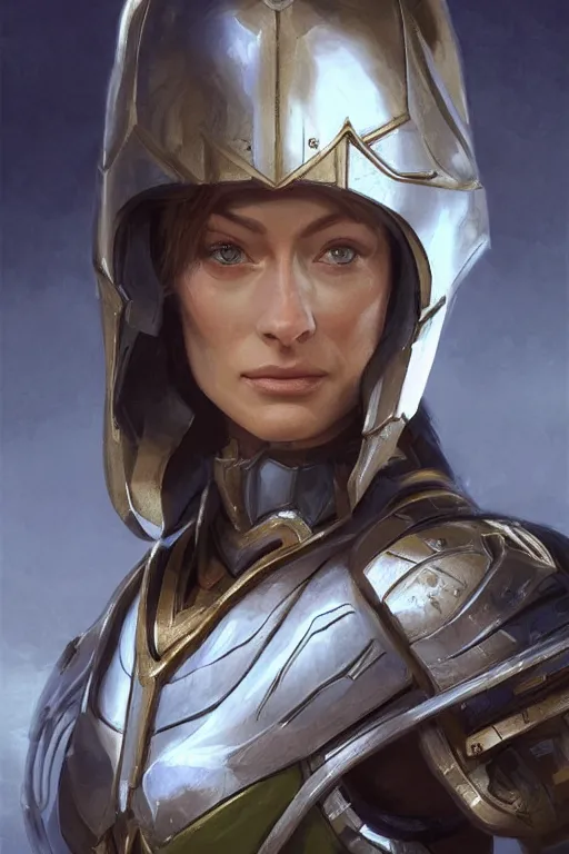 Image similar to a professional painting of a young Olivia Wilde, clothes in military armor, olive skin, long dark hair, beautiful bone structure, symmetrical facial features, intricate, elegant, digital painting, concept art, smooth, sharp focus, illustration, from StarCraft by Ruan Jia and Mandy Jurgens and Artgerm and William-Adolphe Bouguerea