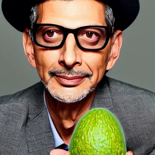 Prompt: Jeff Goldblum wearing an avocado as a hat