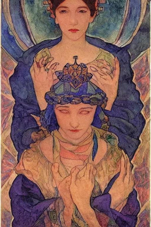 Image similar to the lantern crown, by Annie Swynnerton!!!! and Nicholas Roerich! and (Edmund Dulac) and ((((Diego Rivera)))), tattoos, elaborate costume, geometric ornament, symbolist, rich colors, dramatic lighting, smooth, sharp focus, extremely detailed