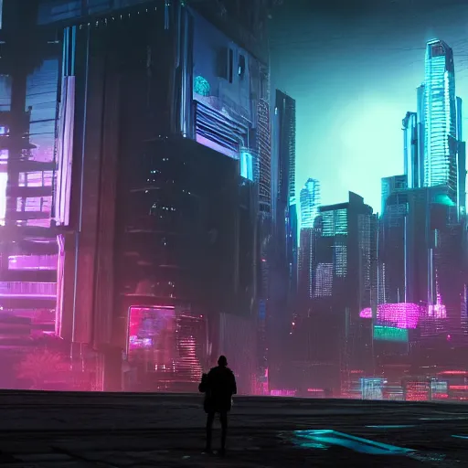 Image similar to cyberpunk landscape with a solo figure in the foreground, volumetric lighting