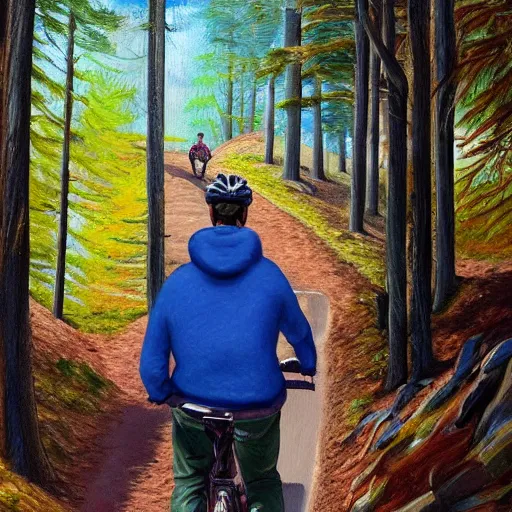 Prompt: man biking up a steep forest hill with a deep blue sweater. sweaty. Oil painting. Emotional. Trending on artstation. Steep. Trees.