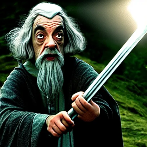 Image similar to mr. bean as gandalf from lord of the rings. movie still. cinematic lighting.