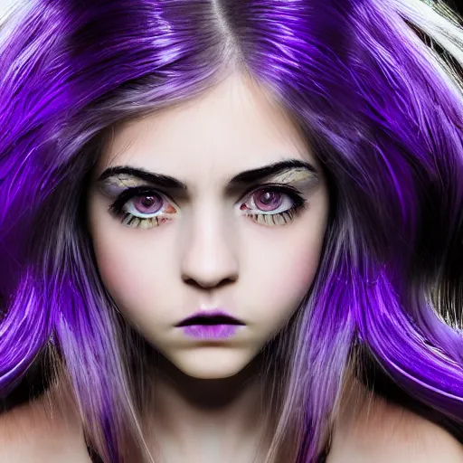 Image similar to detailed photo portrait of a furious teen girl with thin, hair-like purple tentacles on her head and bright purple eyes, 8k, trending on DeviantArt, face enhance,hyper detailed ,full of colour, dramatic lightning