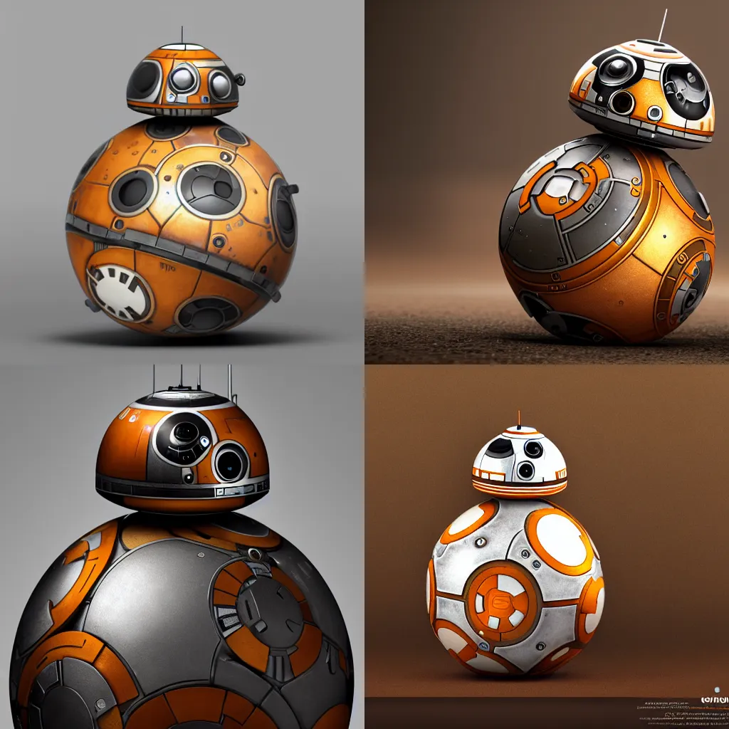 Prompt: Portrait of steampunk BB-8, steam, gears, product photo, high detail, realistic octane render, raytracing