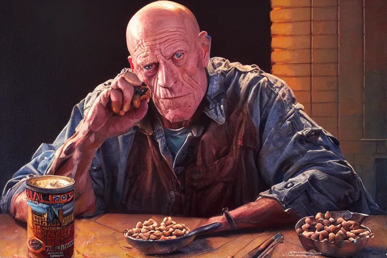 Image similar to portrait of michael berryman outside at night eating a can of beans, an oil painting by ross tran and thomas kincade