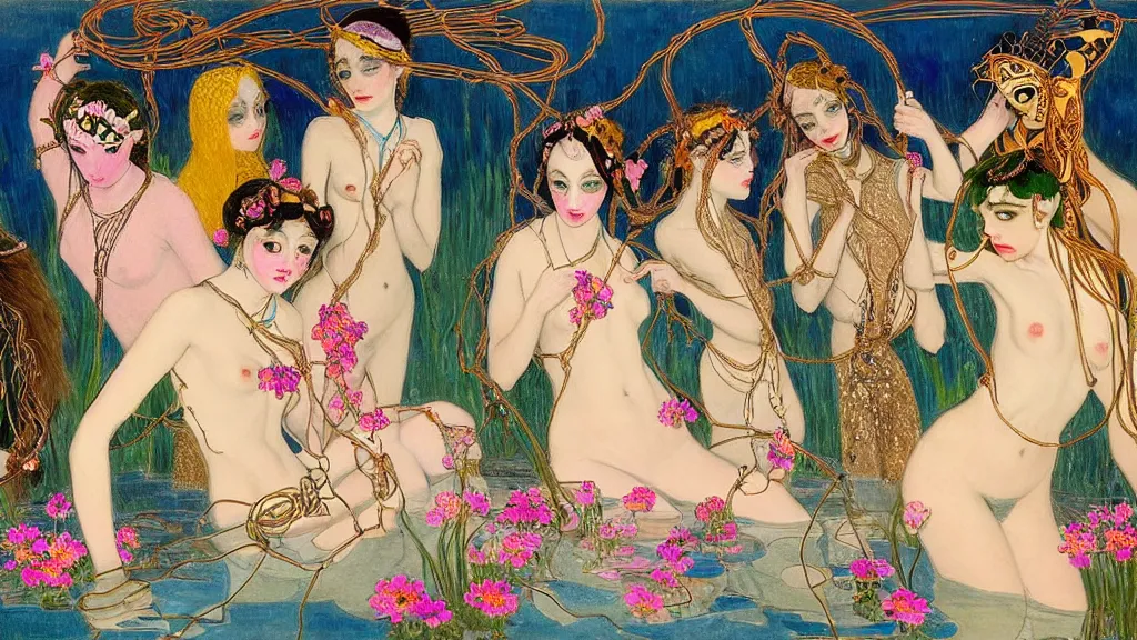 Prompt: prompt: 7 beautiful girls in lake with shining face painted by Leon Bakst, bug tiger in the middle, nymph in the water performing alchemy, cyborg and robot broken lying around the nymphs, small flowers and cables and wire around and on the side with artifacts and ancient book, intricate oil painting, high detail, Neo-expressionism, gnarly details