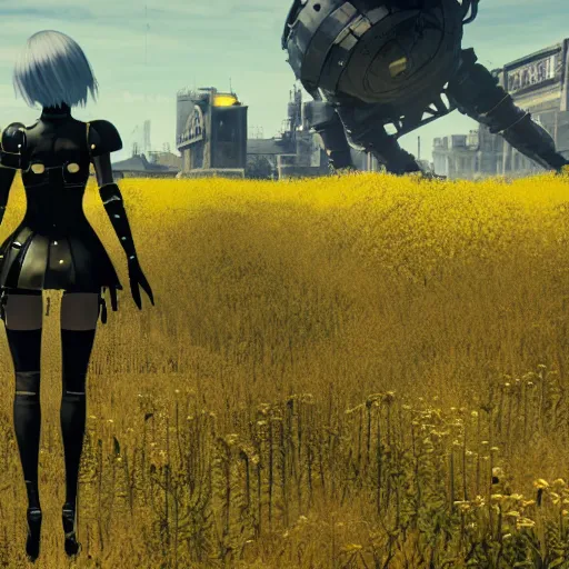 Image similar to a very high resolution image from nier : automata, featuring 9 s android fighting militarized police forces in yellow rye field under pure blue skies