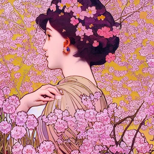 Prompt: floral poster of a dreamy woman in a field of cherry blossom and neural networks, highly detailed, postprocessing, photorealistic, matte painting, 8k, by Alphonse Mucha and Moebius