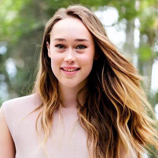 Image similar to a full body portrait of alycia debnam carey smiling while posing for photo, award winning photograph, HDR, natural lighting, shot on nikon z9, depth of field, f/1.8,