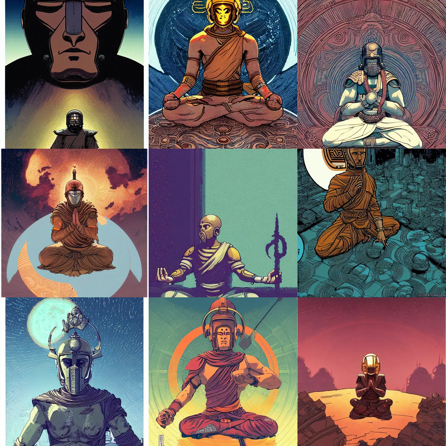 Prompt: monk with a spartan helmet meditating, by borderlands and by feng zhu and loish and laurie greasley, victo ngai, andreas rocha, john harris