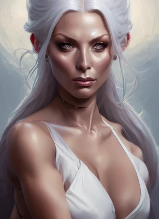 Prompt: portrait of aggressive isabelledeltore, d & d, white, fantasy, intricate, elegant, highly detailed, digital painting, artstation, concept art, smooth, sharp focus, illustration, art by artgerm and greg rutkowski and alphonse mucha