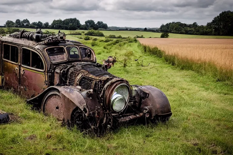 Image similar to beautiful english countryside, a ginormous destroyed dieselpunk machine lies broken in a field, fire and oil