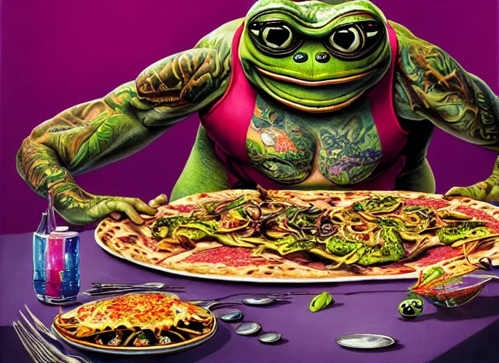 Prompt: hyper realistic detailed image of a heavy tattooed pepe the frog in punk clothes in mid 7 0 s italian restaurant eating bug pizza with grilled rainbow and drinking doom juice, by ayami kojima, amano, beeple, greg hildebrandt, and mark brooks, mystical, renaissance color palette, cinematic light, long cinematic shot, extremely detailed, very coherent symmetrical artwork