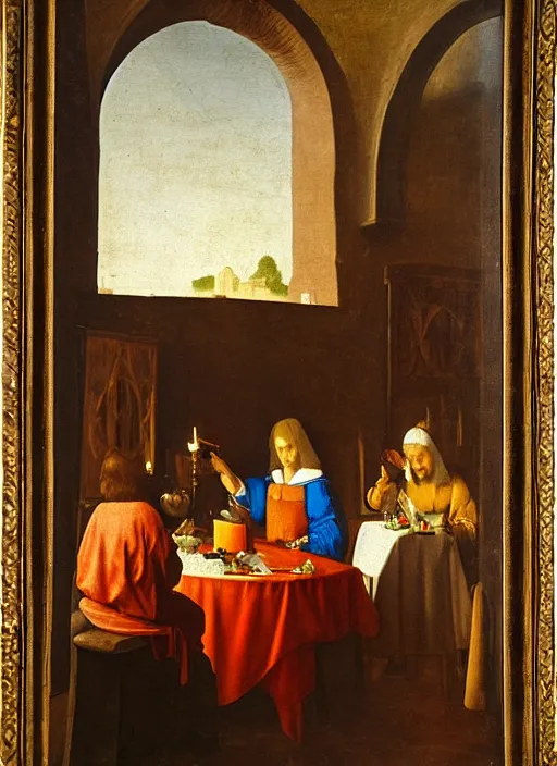 Image similar to a candlelit table at the inn, two people sitting at the table, swirling smoke, dark smoke, realistic, in the style of leonardo da vinci, dutch golden age, amsterdam, medieval painting by jan van eyck, johannes vermeer, florence