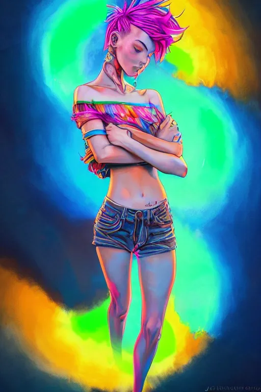 Image similar to a award winning full body portrait of a beautiful woman with stunning eyes in a one off shoulder croptop and cargo pants with rainbow colored hair, outlined by whirling illuminated neon lines and fine lines swirling in circles by jesper ejsing and rhads and makoto and shinkai and lois van baarle, digital art, trending on artstation