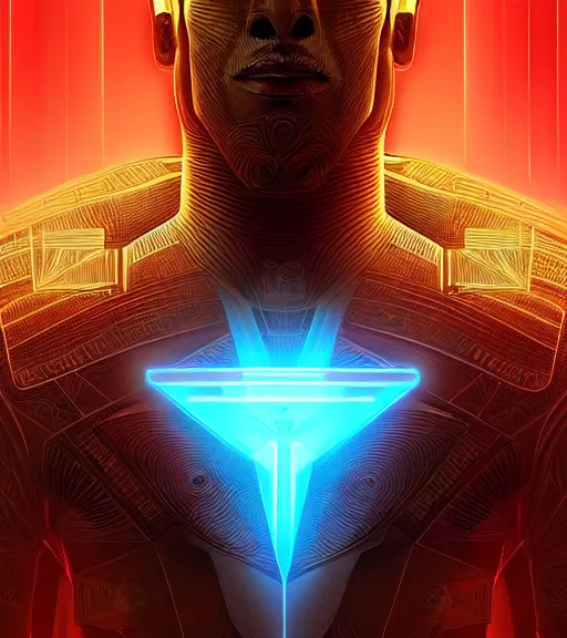 Image similar to symmetry!! egyptian prince of technology, solid cube of light, hard edges, product render retro - futuristic poster scifi, lasers and neon circuits, brown skin man egyptian prince, intricate, elegant, highly detailed, digital painting, artstation, concept art, smooth, sharp focus, illustration, dreamlike, art by artgerm