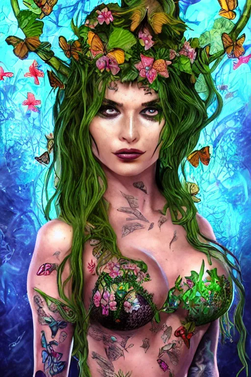 Prompt: Photorealistic frontal standing pose portrait of Emily Ratajowski as Poison Ivy, heavily tattooed with flowers and butterflies from face to neck to toe, surrounded by butterflies, push-up underwire, beautiful flowers on her hair. Intricate, concept art, magic lighting overlays, magical portal opened, D&D!, fantasy style, sharp focus!, ultra detailed, art by Artgerm and Peter Andrew Jones, WLUP, Magali Villeneuve