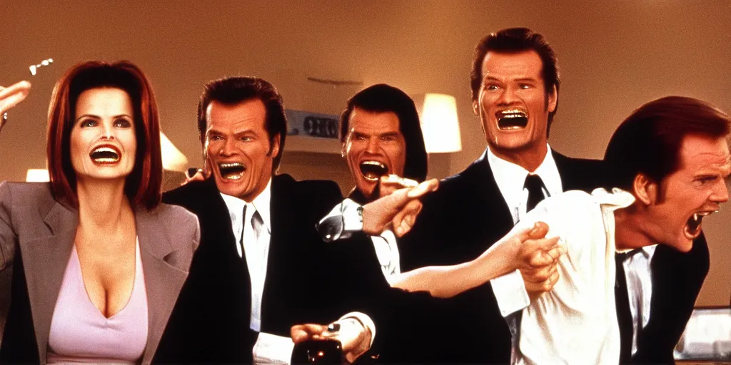 Image similar to still frame of Geena Davis, Roger Moore and Jim Carrey in Pulp Fiction laughing hysterically over a joke