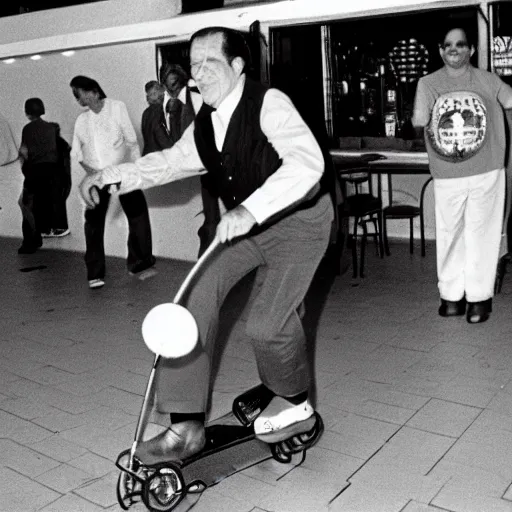 Prompt: President Nixon rollerblading in a Mexican restaurant, award-winning front-page newspaper photo, grainy, 1970s