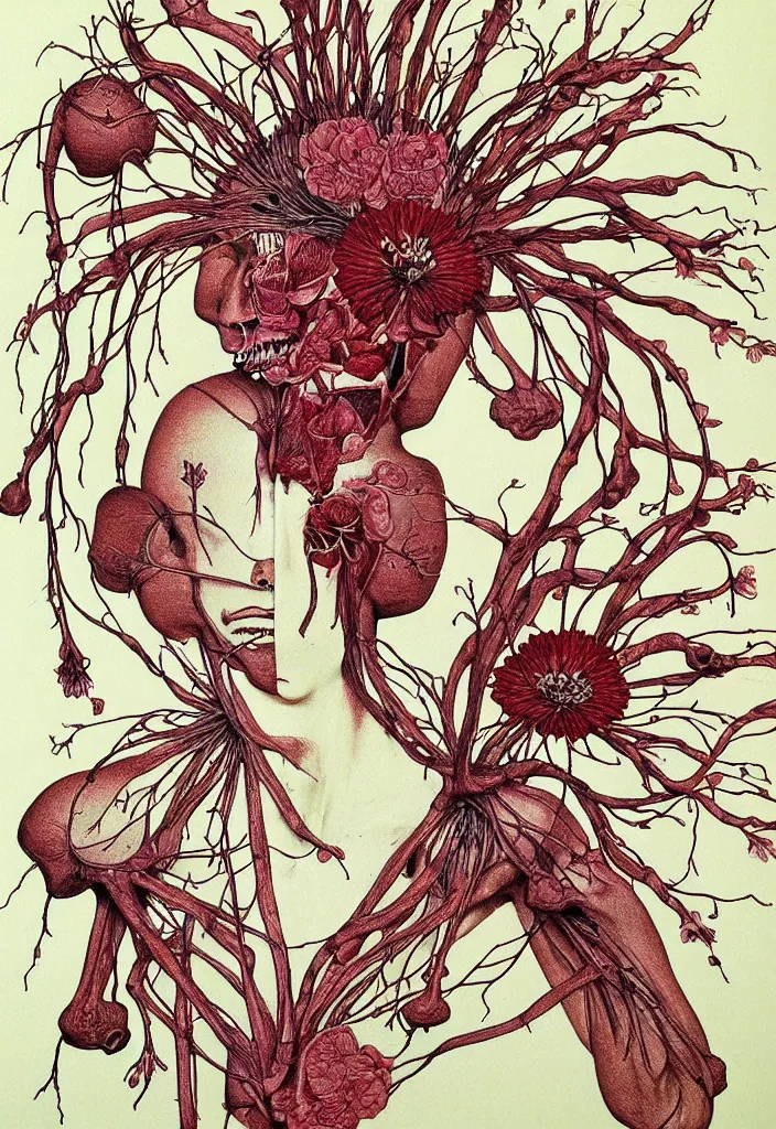 Image similar to prompt: anatomy dissection drawing veins and leaf blood system human shaped flower character drawn by Takato Yamamoto, petals and flower head, flower anatomy atlas, veins and organs attached to flower head, alchemical objects inspired by 1980's sci-ci, old experimentation cabinet, intricate oil painting detail, manga 1980