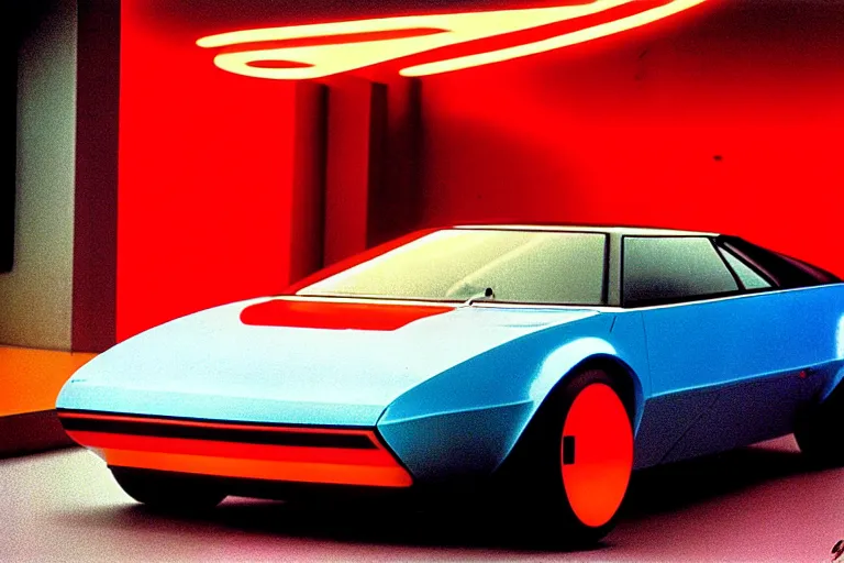 Prompt: designed by giorgetto giugiaro stylized poster of a single 2 0 0 2 amc amx / 3 citroen ds bmw m 1 concept, thick neon lights, ektachrome photograph, volumetric lighting, f 8 aperture, cinematic eastman 5 3 8 4 film