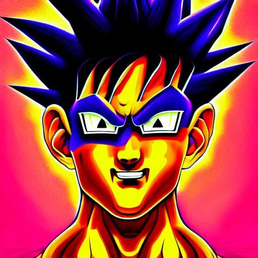 Image similar to An extremely psychedelic portrait of Goku, surreal, LSD, face, detailed, intricate, elegant, lithe, highly detailed, digital painting, artstation, concept art, smooth, sharp focus, illustration