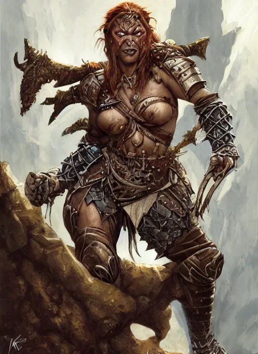 Image similar to a concept art painting of an furious female half - orc warrior wearing medieval brown leather armor, art by karol bak and mark brooks and argerm, centered