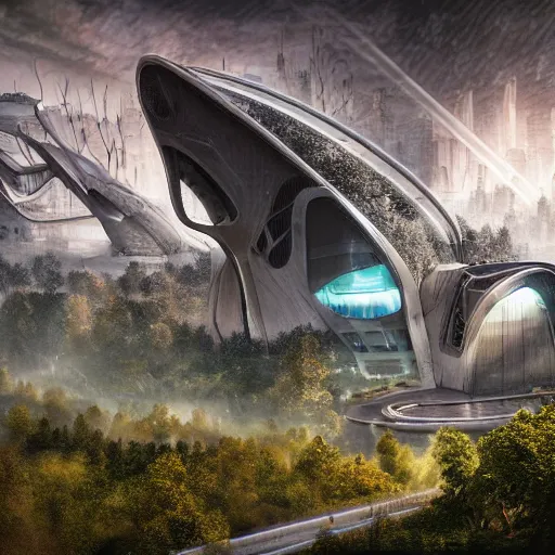 Prompt: future city covered by forest, trees, plant, broken buildings, doom of the gods, monster, gravity mess, star trek, glory war, photograph, cinematic matte painting, zaha hadid building, photo realism, desolate glacial landscape