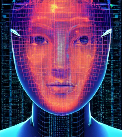 Image similar to hologram of a female face on a backdrop of data, Industrial Scifi, detailed illustration, character portrait, by Martin Grip and Moebius