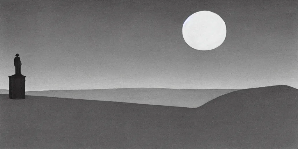 Prompt: moon hitting earth, Edward Hopper and James Gilleard Zdzis, black and white, hazy transition