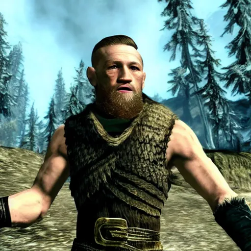 Image similar to attacking screenshot of conor mcgregor in skyrim, elf armor, ps 3 graphics, npc talking, wilderness, 1 0 8 0 p, bokeh, elder scrolls v, detailed, dialog text