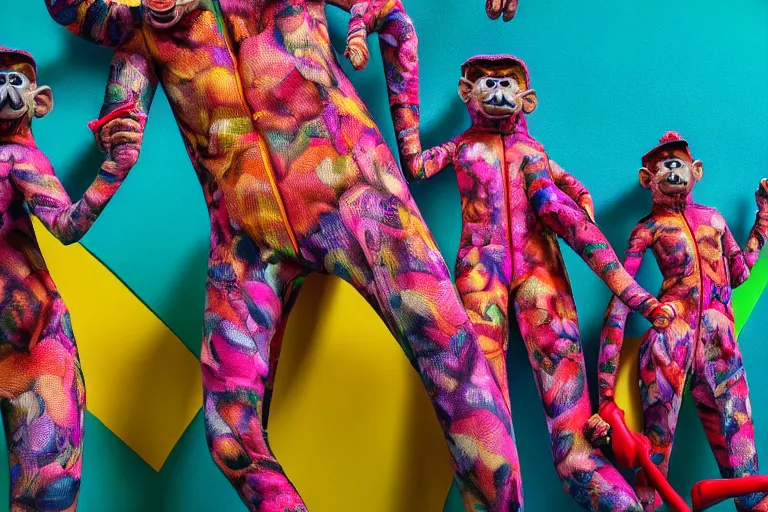 Image similar to Contamporary art fashion photography of ultra mega super hyper realistic detailed group of ultra mega super hyper realistic detailed monkey's in ultra mega super hyper realistic detailed colourful sport suits . Photo shot from 30m distance on ultra mega super hyper Leica Q2 Camera, Rendered by DaVinci Resolve