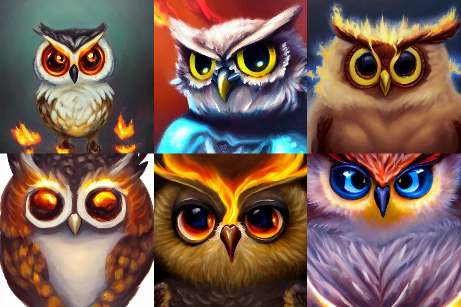 Prompt: full shot,a oil painting of cute owl Pokémon with big eyes made of flame,Ford, Henry Justice,Zatzka, Hans,trending on artstation,High detail
