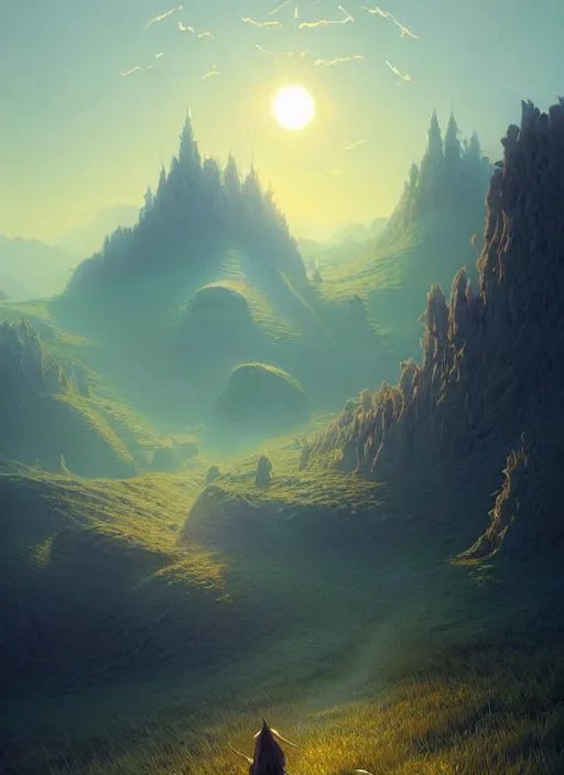 Image similar to spring mornings in the low - poly hills, diffuse lighting, fantasy, intricate, surrealism!!!!, highly detailed, lifelike, photorealistic, digital painting, artstation, illustration, concept art, smooth, sharp focus, by greg rutkowski, chris tulloch mccabe, valentina remenar and asher duran,