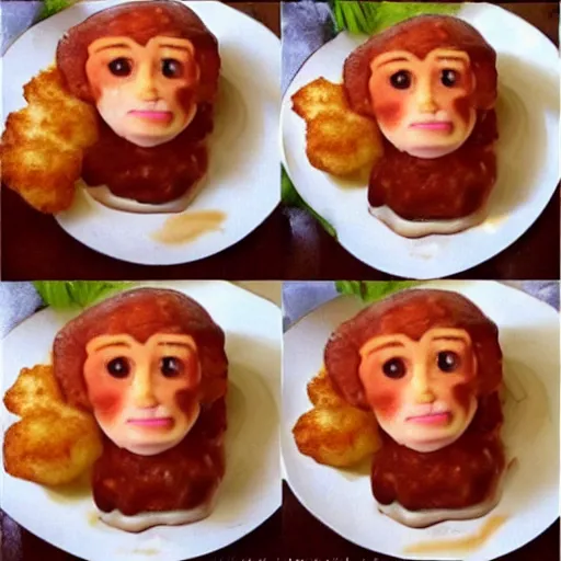 Image similar to channing tatum's face as tater tot on a plate with ketchup