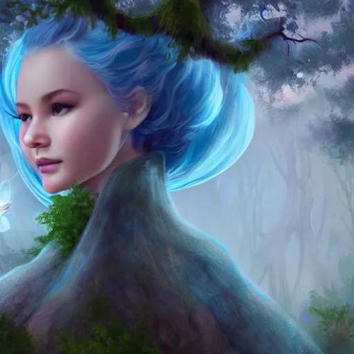 Prompt: sky blue fairy in a forest, detailed face, close shot, fantasy painting, cottagecore, fantasycore, light colors, artstation contest winner