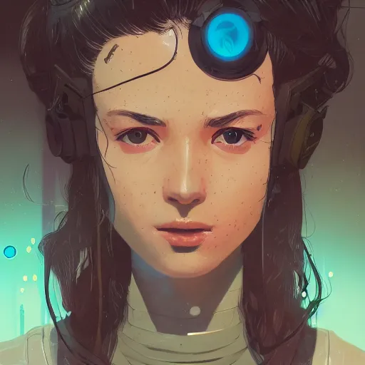 Image similar to Highly detailed portrait of a cyberpunk young lady with, freckles and wavy hair by Atey Ghailan, by Loish, by Bryan Lee O'Malley, by Cliff Chiang, by Greg Rutkowski, inspired by image comics, inspired by graphic novel cover art, inspired by nier!! Gradient color scheme ((grafitti tag brick wall background)), trending on artstation