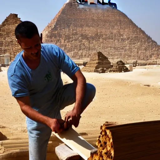 Prompt: a man cutting wood in front of egypt pyramids