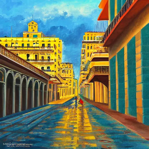 Prompt: constructivism painting of streets of Havana, Cuba, beautiful, diverse, golden hour