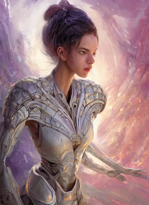 Image similar to a professional painting of a beautiful young female alien, clothed in ethereal armor, olive skin, long dark hair, beautiful bone structure, symmetrical facial features, intricate, elegant, digital painting, concept art, smooth, sharp focus, illustration, from Valerian and the City of a Thousand Planets, by Ruan Jia and Mandy Jurgens and Artgerm and William-Adolphe Bouguerea