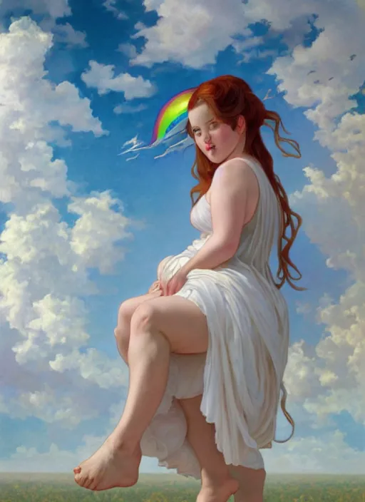 Prompt: a chubby white woman with pointed ears, wearing a white sundress, rainbow pastel clouds for hair, realistic painting by ross tran and gerald brom and alphonse mucha, artgerm, trending on artstation