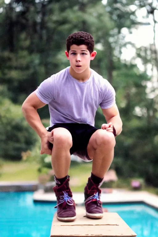 Image similar to close up still shot of young nick jonas standing on the diving board, 3 5 mm, highly detailed, disney channel original movie camp rock, dynamic lighting