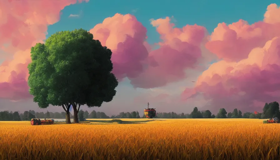 Image similar to colourful sky, wheat field, distant combine harvesters, big trees, matte painting, art station, digital art, simon stalenhag