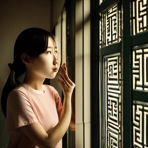 Prompt: photo of Chinese girl looking out the window, cinematic light, photography