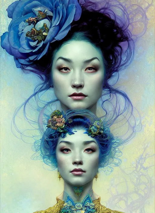 Prompt: portrait of blue rose. fantasy, regal, by kim keever, victo ngai, stanley artgerm lau, greg rutkowski, thomas kindkade, alphonse mucha, loish, norman rockwell