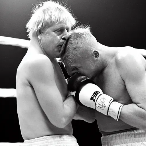 Prompt: boris johnson losing a boxing match, with a bleeding lip and broken nose