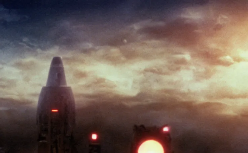 Prompt: still image screenshot bespin cloud city is under attack, empire strikes back, badass action scene with laser explosions and sparks, from the tv show mandalorian on disney +, scene in front of a strange building, moody cloudy volumetric lightm imperial invading beautiful cloud planet, backlit sunset, anamorphic lens, 3 5 mm film kodak 1 9 8 0 s