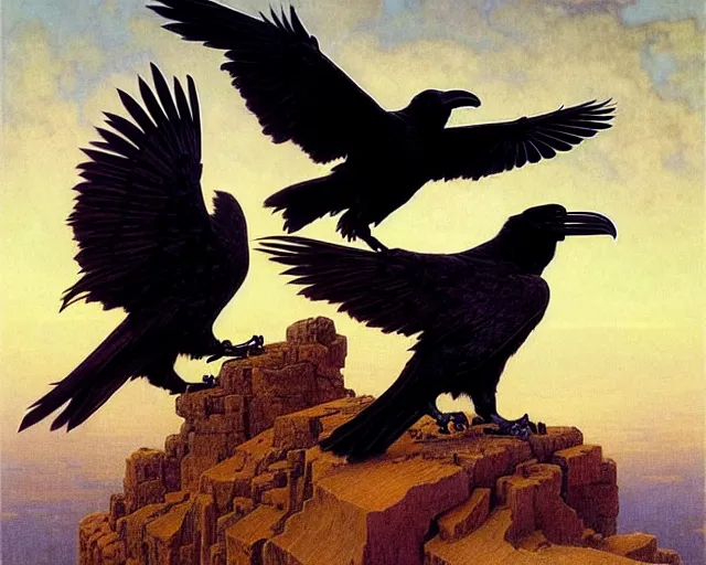 Image similar to two fighting ravens, emotionally evoking symbolic metaphors, fantasy, ornamental, intricate, elegant, highly detailed digital painting, artstation, concept art, painterly, golden ratio, sharp focus, illustration, art by John William Godward and Alphonse Mucha and Zdzisław Beksiński,