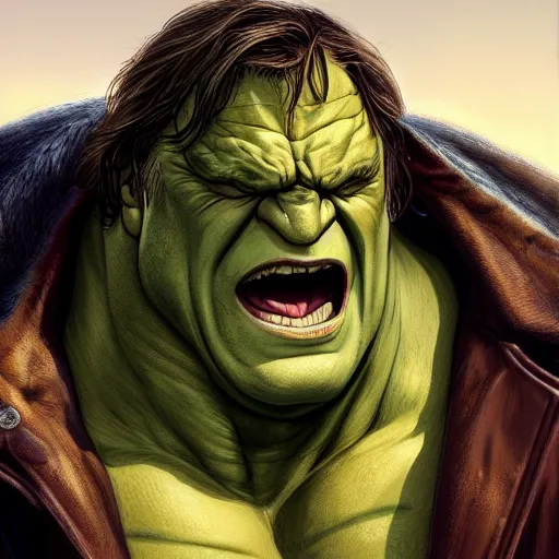 Image similar to [Gérard Depardieu as the Hulk as GTA character, closeup, D&D, intricate, elegant, highly detailed, digital painting, artstation, concept art, matte, sharp focus, illustration, art by Artgerm and Greg Rutkowski and Alphonse Mucha and Enki Bilal]